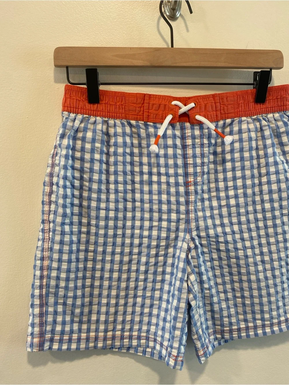 Mini Boden boys Gingham Print Board Shorts swim trunks size 13-14 blue
